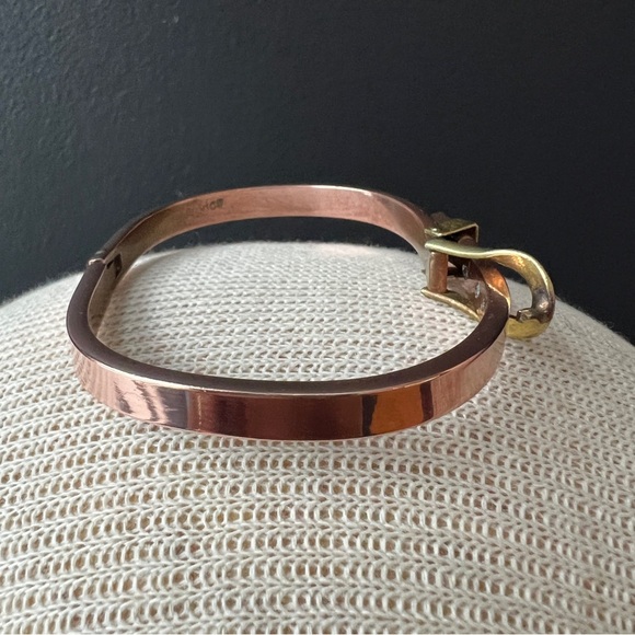 Vintage Copper & Brass Belt Buckle Bracelet Adjustable Hinged Signed Mexico 70s - Picture 3 of 7